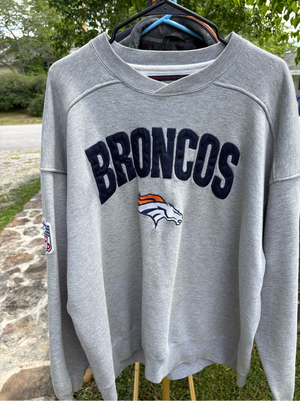STARTER Gray Broncos Crewneck Sweatshirt with Navy and Orange Logo